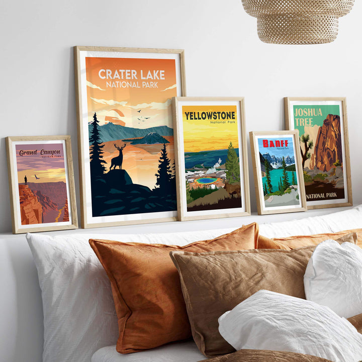 Framed Crater Lake and National Park posters displayed on a wall in a cozy living room setting.