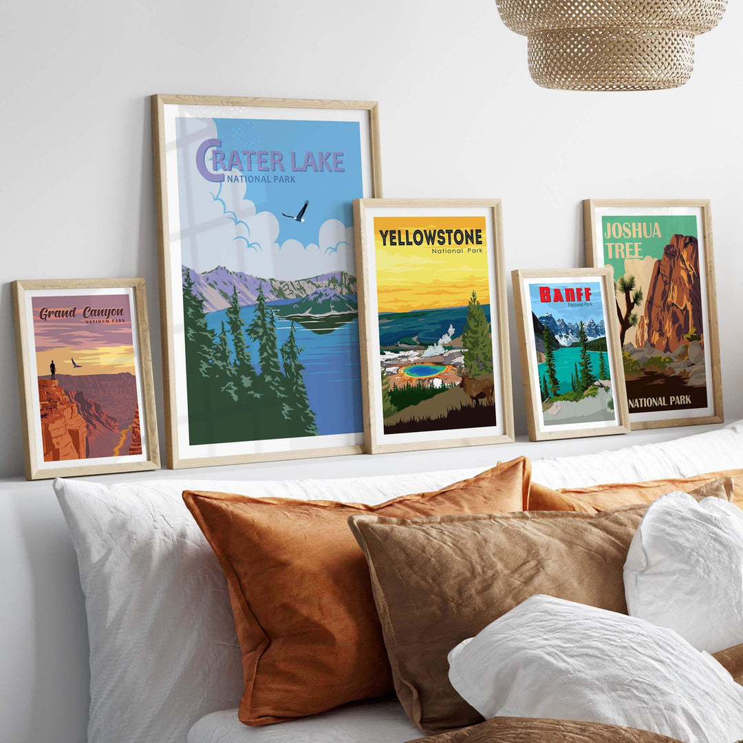 Framed prints of Crater Lake, Yellowstone, Joshua Tree, and Grand Canyon National Parks displayed in a cozy living room.