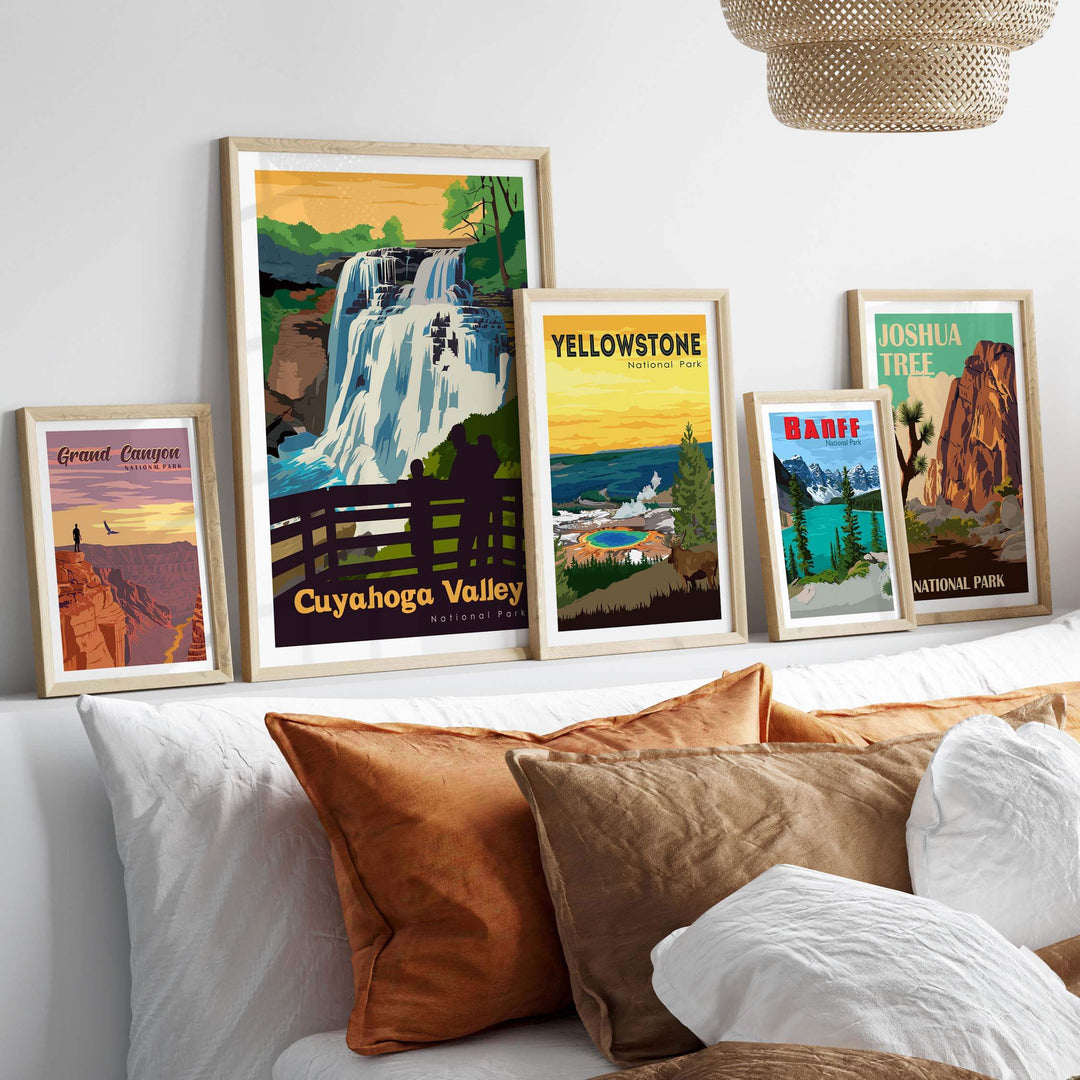 Stylish wall art featuring Cuyahoga Valley and other National Park posters in a modern living space.