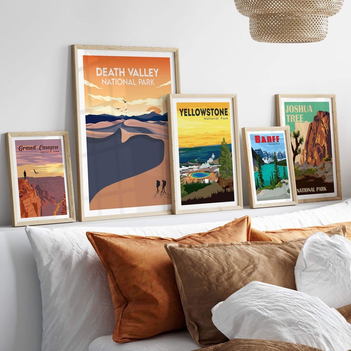 Framed national park posters including Death Valley, Yellowstone, and Joshua Tree, styled in a home setting.