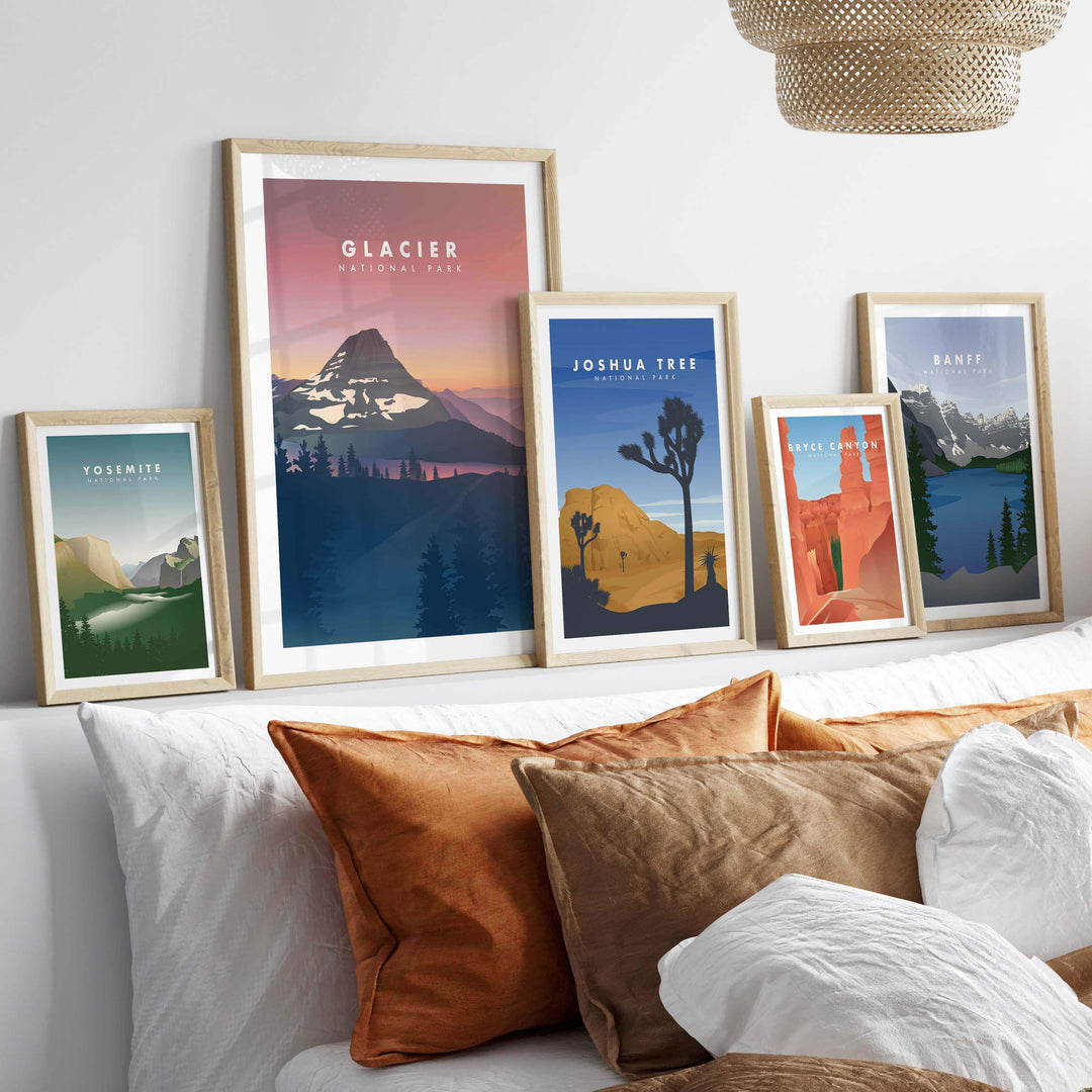 Framed Glacier National Park art prints showcasing vintage travel poster style on a stylish home wall.
