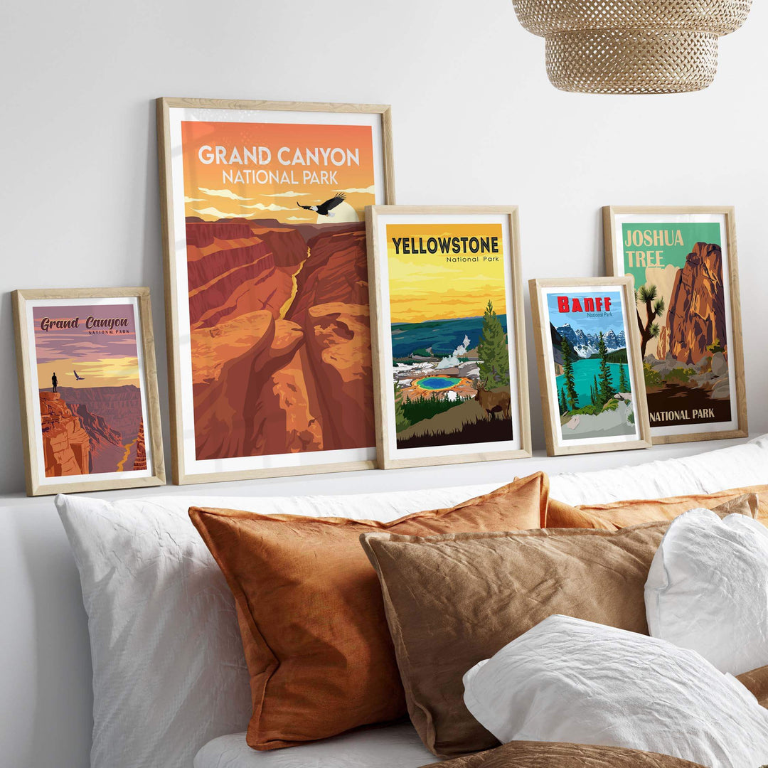 Framed Grand Canyon and National Park posters displayed in a stylish home interior showcasing travel art.