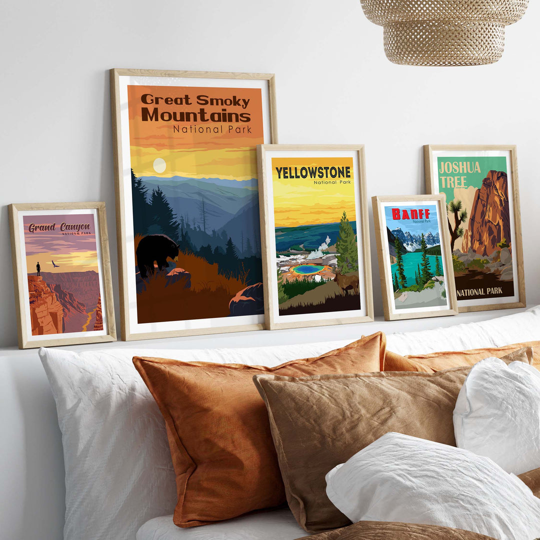 Framed artwork featuring Great Smoky Mountains and other National Park prints in a stylish living room setting.