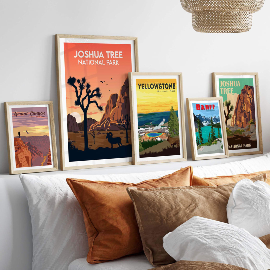 Stylish framed Joshua Tree and National Park posters arranged on a modern wall above a cozy bed.