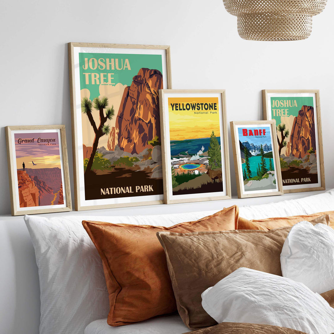Vintage National Park prints including Grand Canyon, Joshua Tree, and Yellowstone art displayed in a stylish home setting.