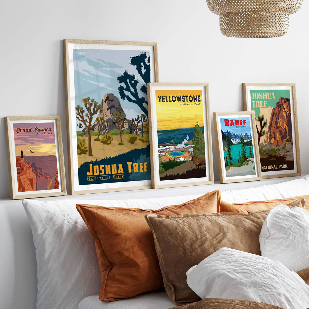 Framed Joshua Tree National Park poster among framed nature-themed art prints on a cozy sofa.