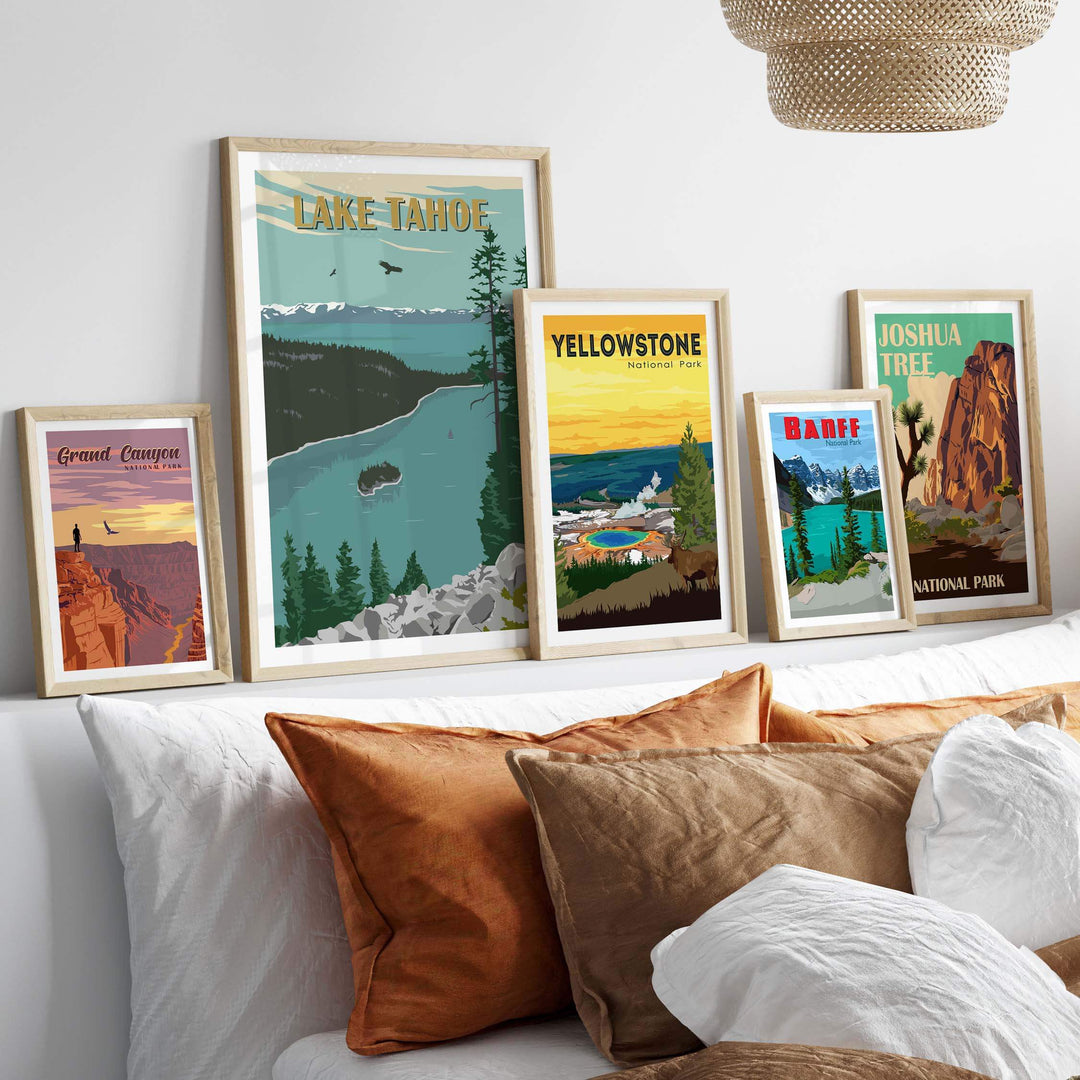 Framed vintage prints of Lake Tahoe, Yellowstone, and Joshua Tree showcasing national park designs in an elegant display.