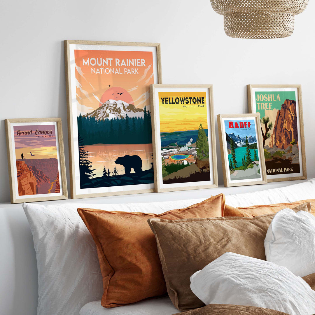 Stylish Mount Rainier National Park poster among framed nature art for home decor.