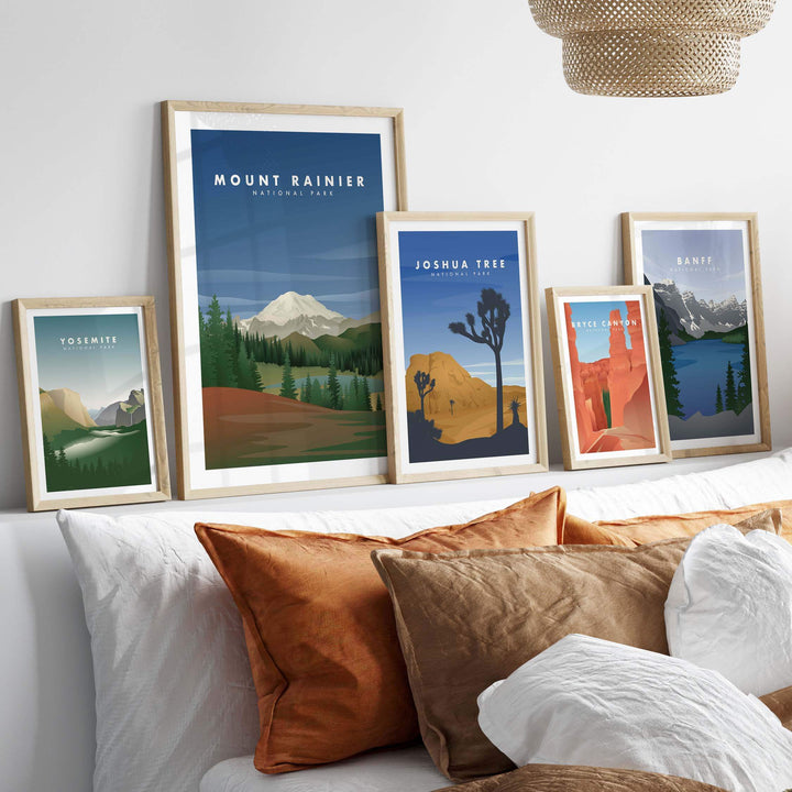 Stylish wall art featuring Joshua Tree National Park and other iconic national park travel posters.