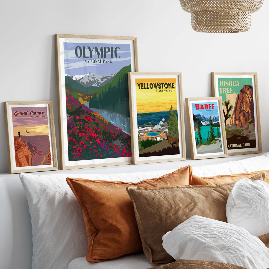 Framed Olympic National Park poster among other vintage national park prints on a cozy stylish wall.