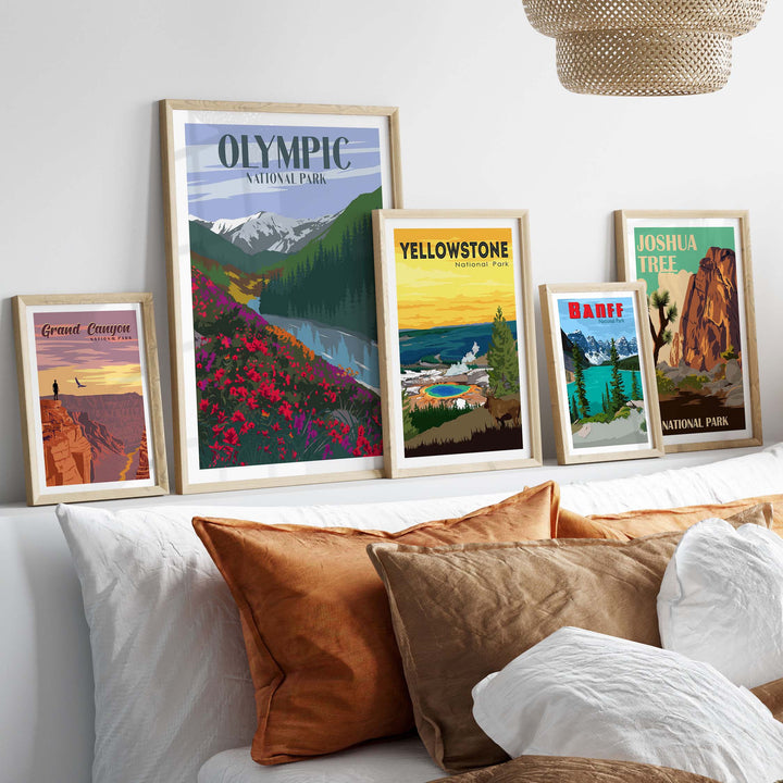 Framed Olympic National Park poster among other vintage national park prints on a cozy stylish wall.