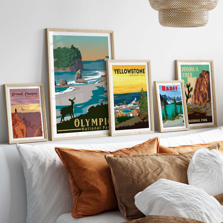 Framed Olympic National Park Print and vintage National Park posters displayed on a stylish wall.