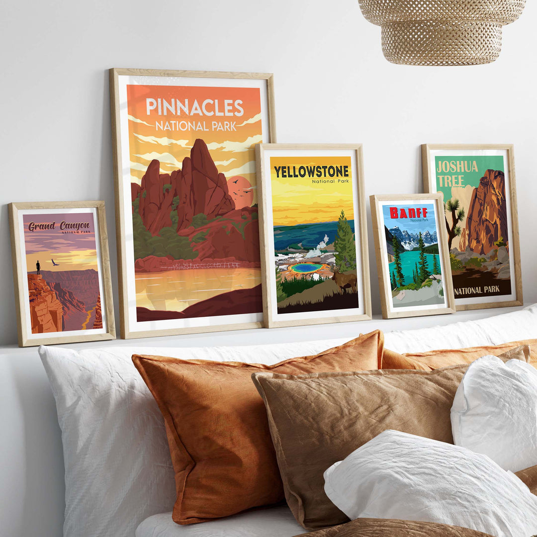 Framed Pinnacles National Park poster alongside other vintage national park prints in a stylish home setting.