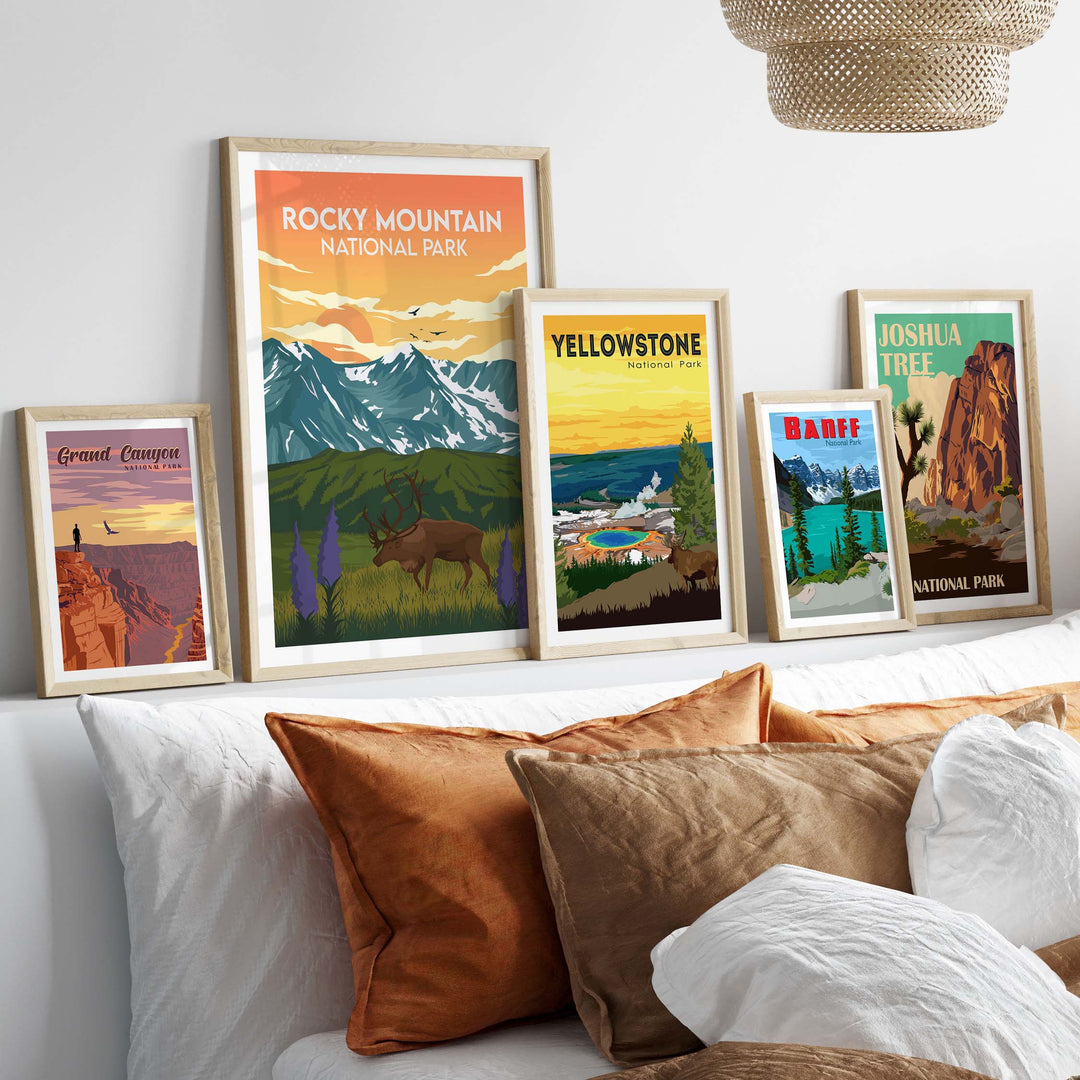 Rocky Mountain National Park vintage travel posters displayed in stylish frames on a wall.
