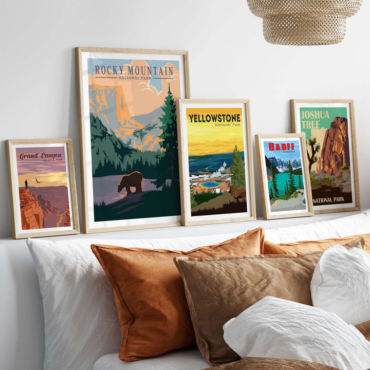 Gallery of vintage National Park prints, including Rocky Mountain, Yellowstone, and Joshua Tree, displayed in a stylish interior.