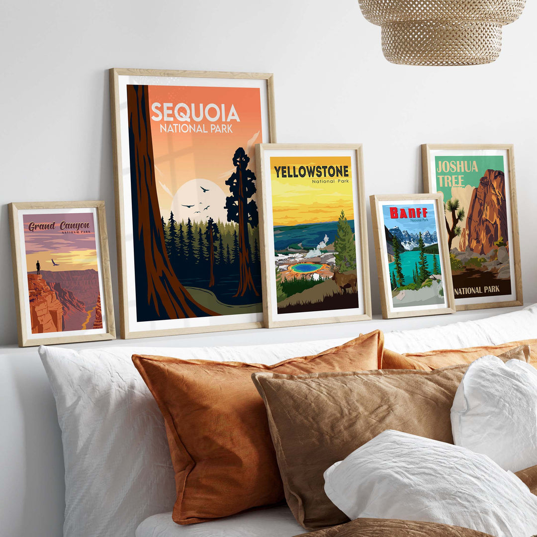 Sequoia National Park poster framed among other park prints, showcasing vintage minimalistic travel artwork.