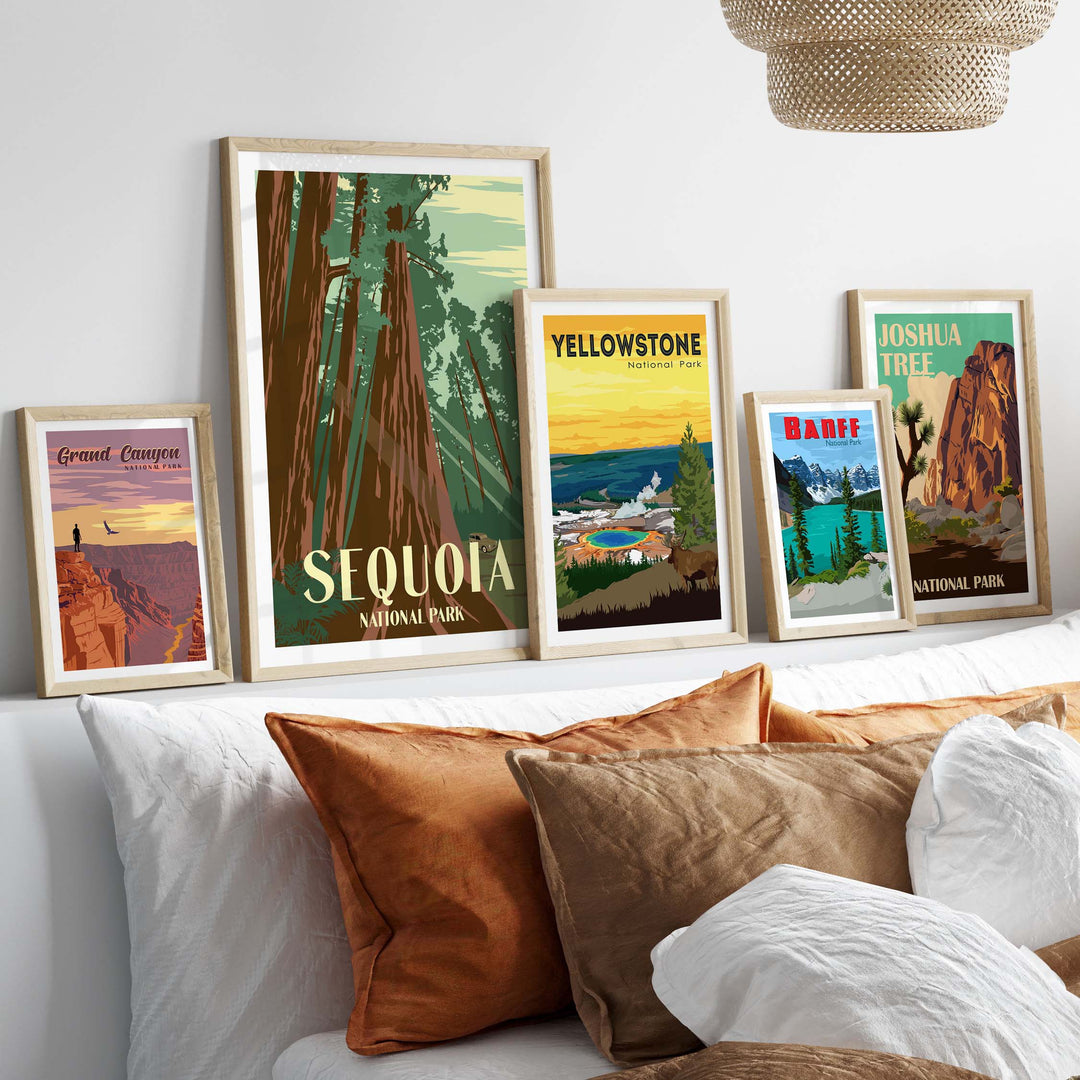 Sequoia National Park art prints displayed in frames, showcasing vintage-style landscapes and National Park themes.