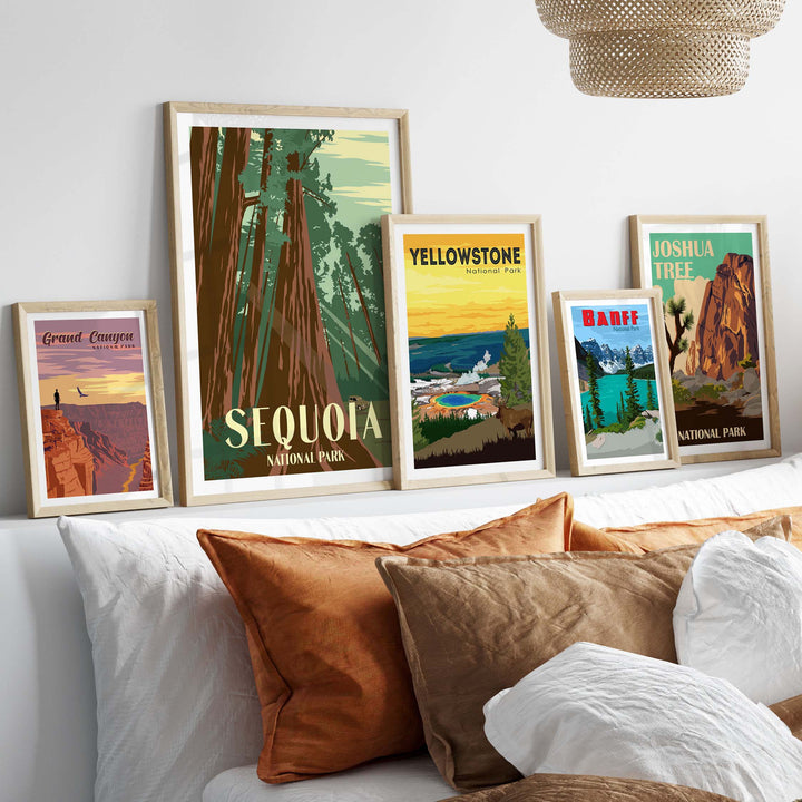 Sequoia National Park art prints displayed in frames, showcasing vintage-style landscapes and National Park themes.