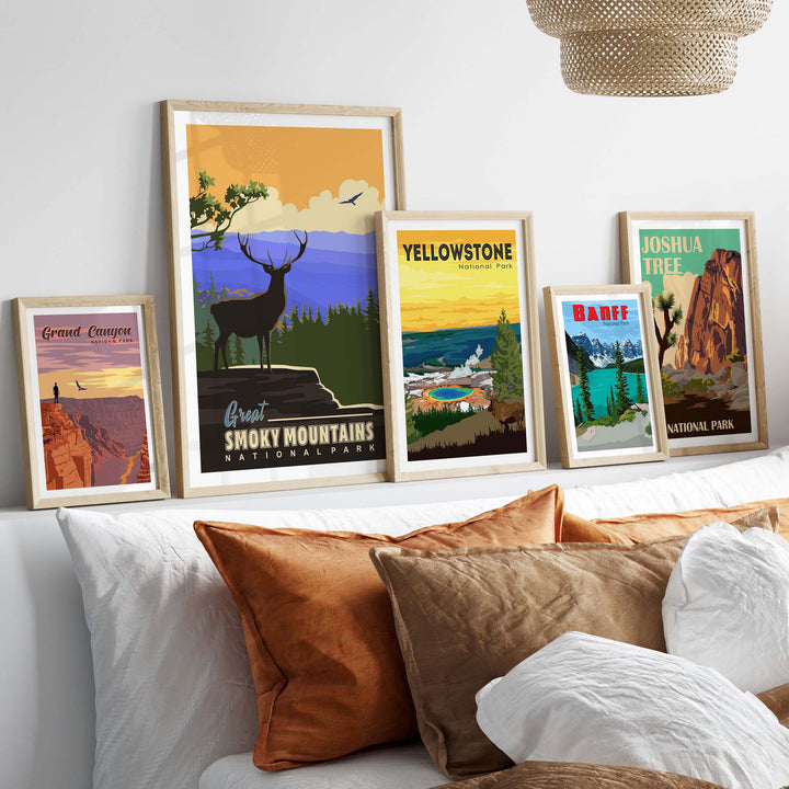 Framed vintage-style Smoky Mountains National Park poster among other national park art prints in a cozy interior setting.