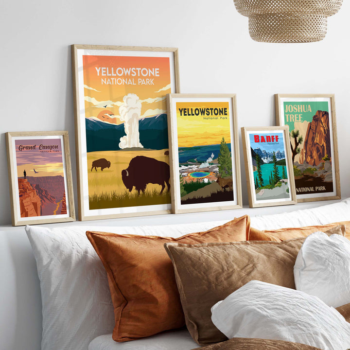 Framed Yellowstone National Park posters showcasing bison, geysers, and vibrant landscapes in a stylish indoor setting.