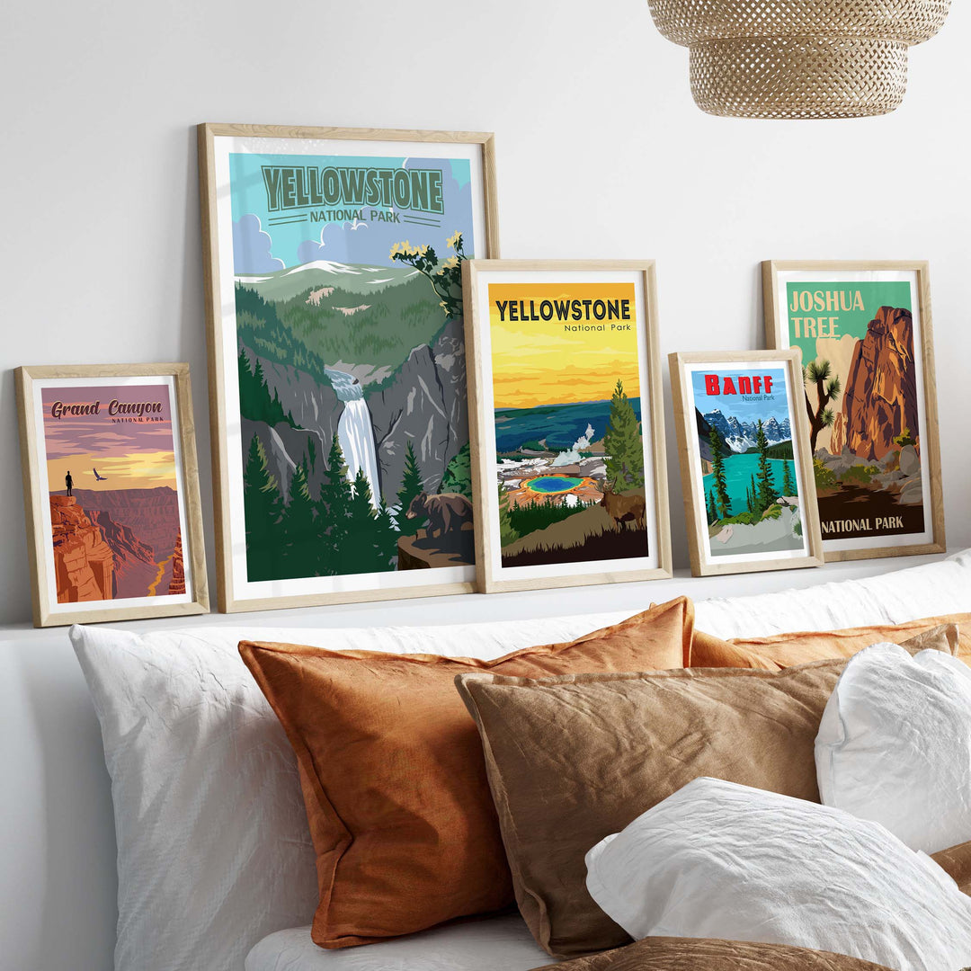 Collection of vintage-style National Park prints featuring Yellowstone and Joshua Tree, displayed in a stylish home setting.