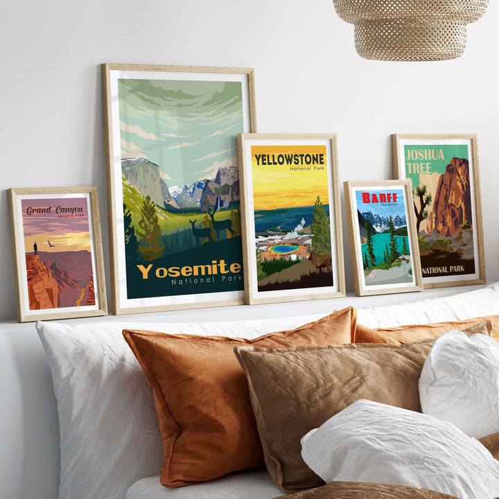Yosemite National Park poster displayed with vintage-style posters of other national parks in a stylish indoor setting.