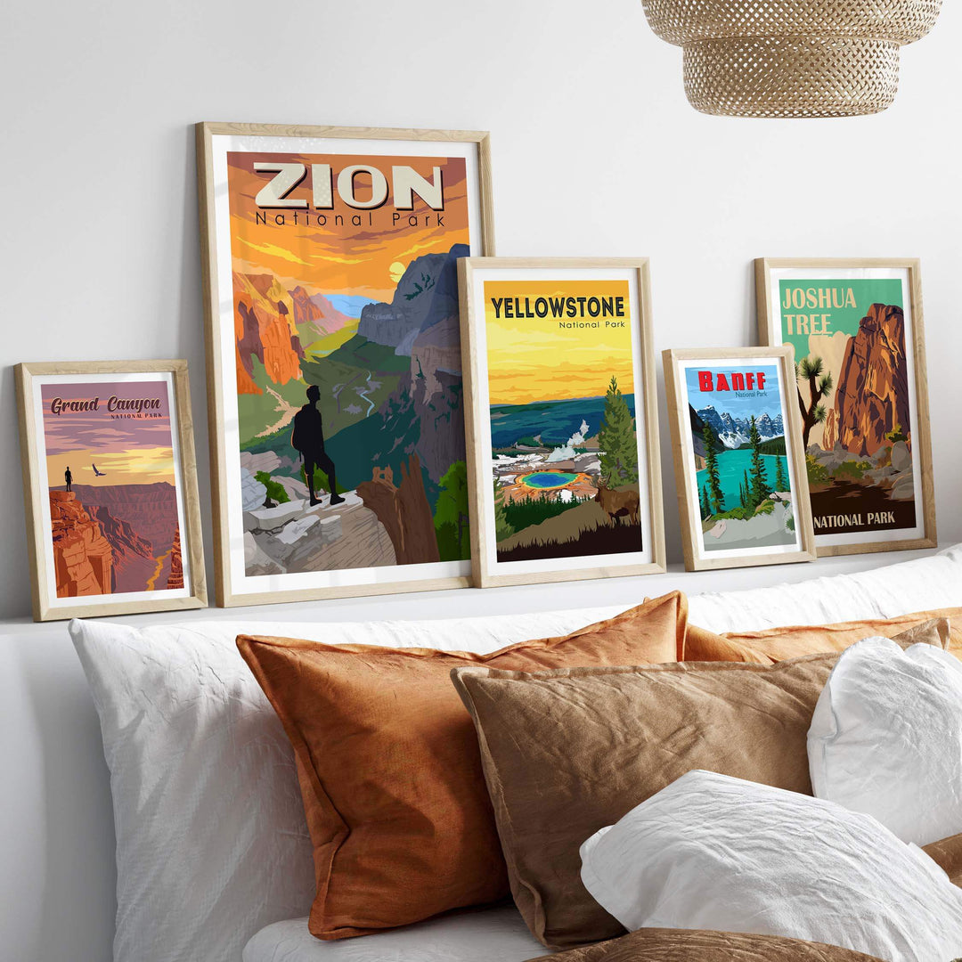 Zion National Park poster collection featuring vintage-style artwork in a stylish home decor setting.