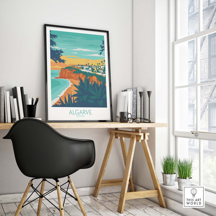 Algarve Print Portugal displayed in a modern office setting, featuring vibrant coastal artwork.