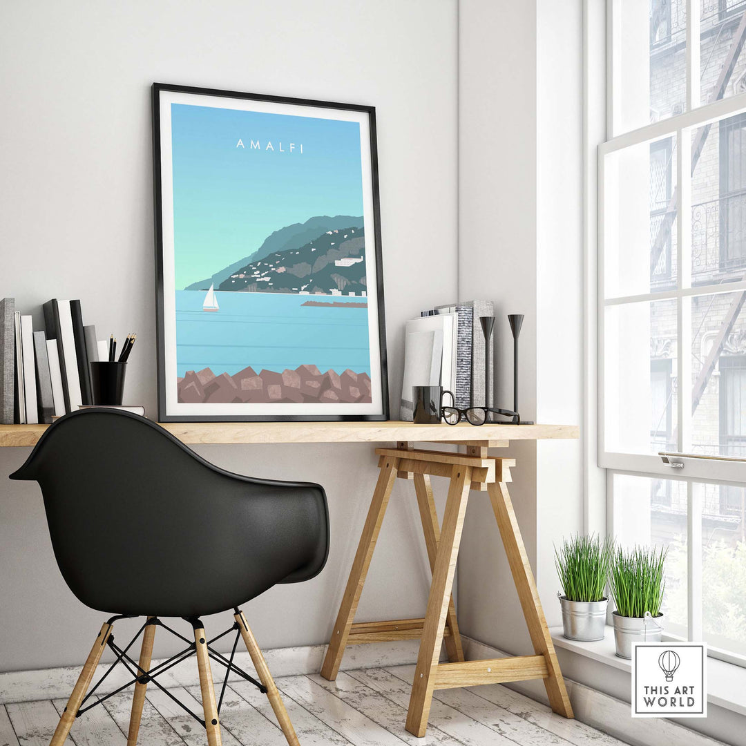 Amalfi Coast Italy print displayed in a stylish office setting, showcasing vibrant travel art and modern decor.