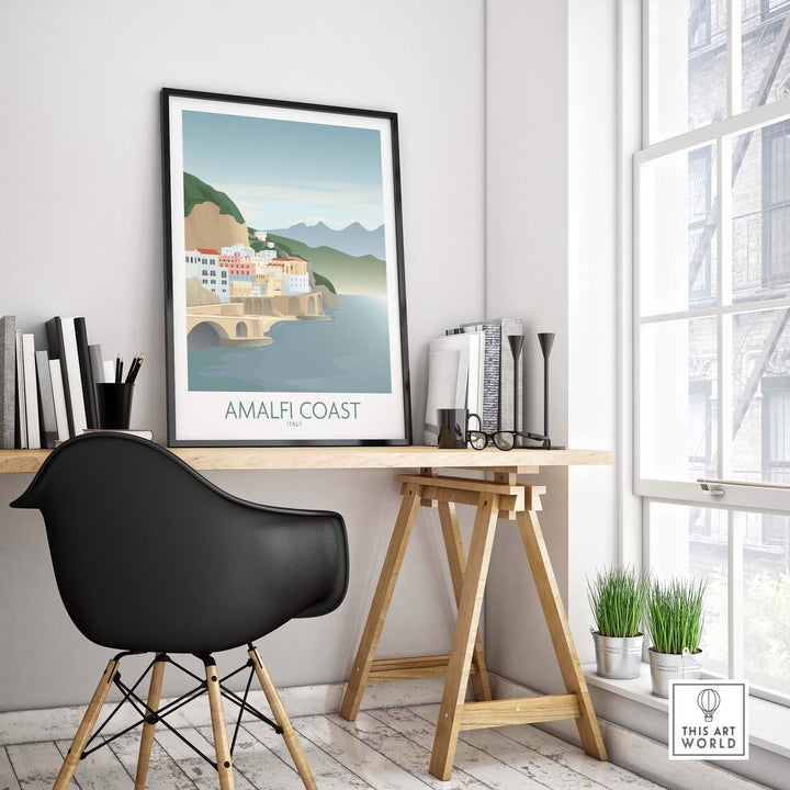 Minimalist Amalfi Coast wall art poster displayed in a modern office setting with a stylish black chair.