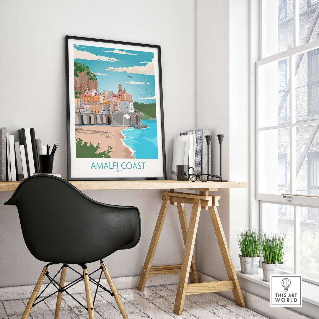 Amalfi Coast Poster displayed in modern workspace, vibrant travel art inspired by vintage travel designs.