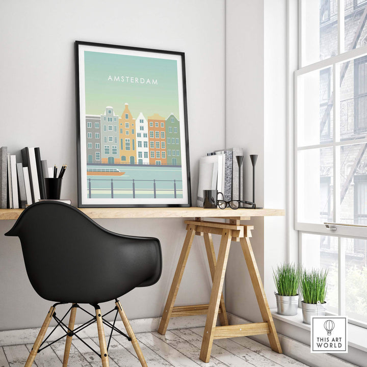 Amsterdam Print Wall Art Poster displayed in a stylish home office featuring canal houses and modern furniture.