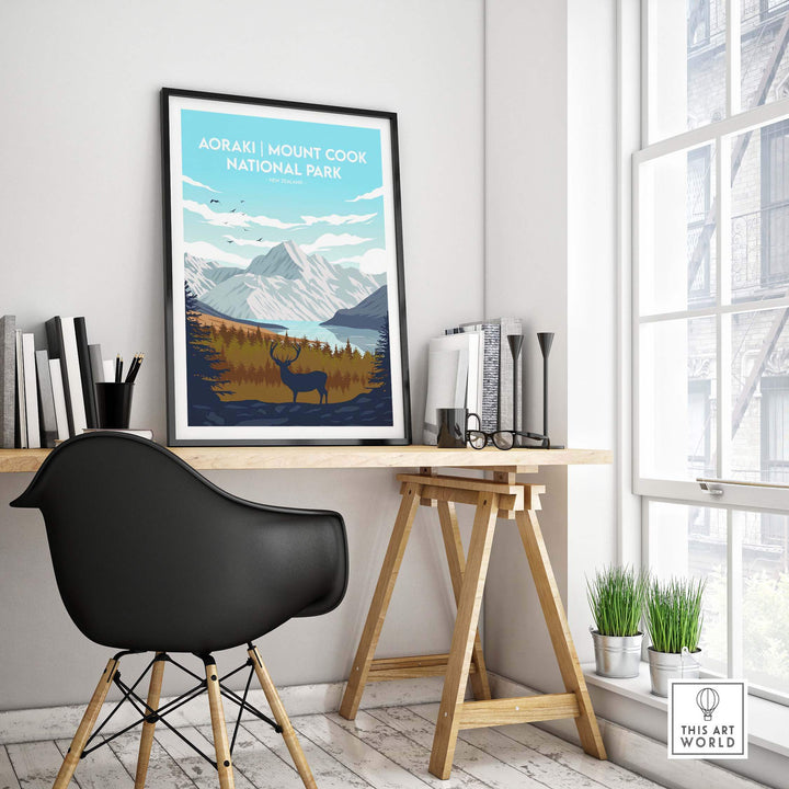 Aoraki Mount Cook National Park print displayed in a stylish office setting, showcasing vintage travel art.