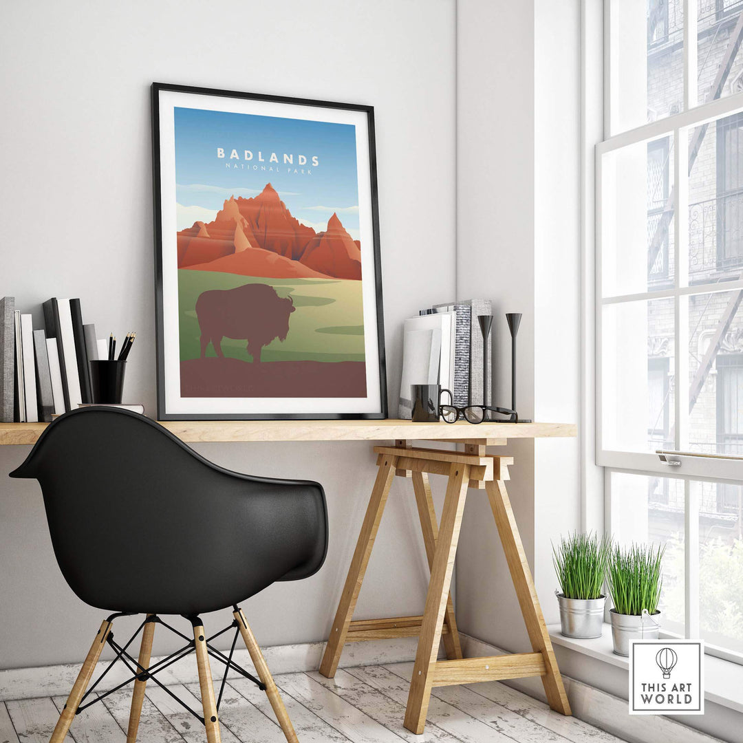 Badlands National Park art print displayed in a modern office setting, featuring buffalo and vibrant landscapes.