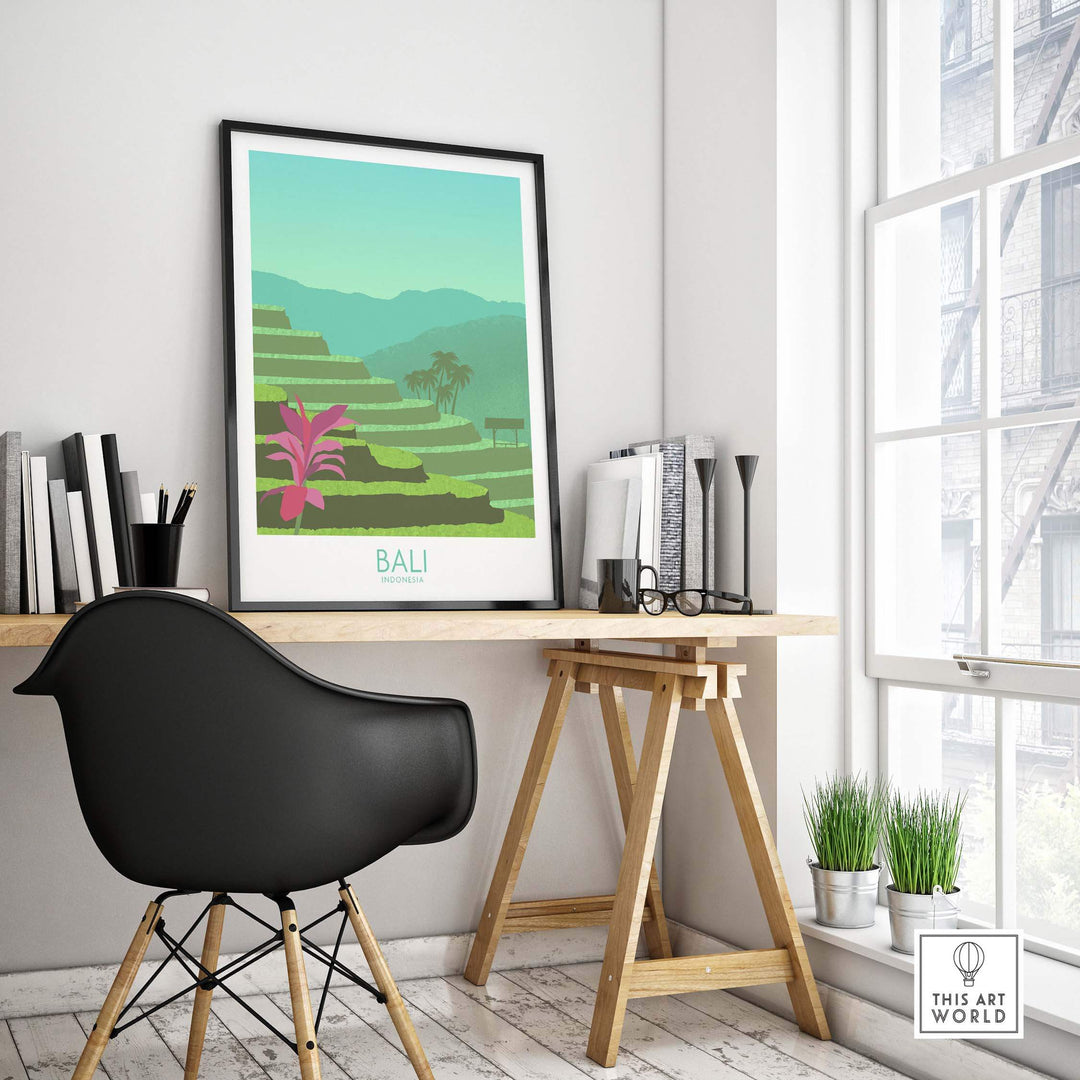 Bali Print wall art in a modern office setting, framed poster showcasing vibrant Bali landscape and tropical plants.