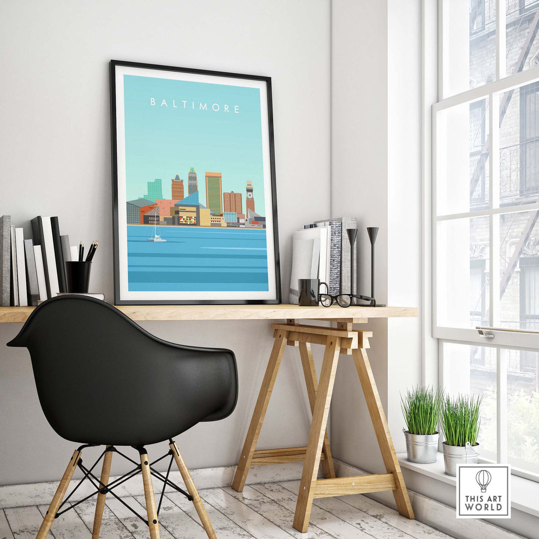 Baltimore Maryland print in a minimalist style displayed on a wall above a workspace with modern furniture.