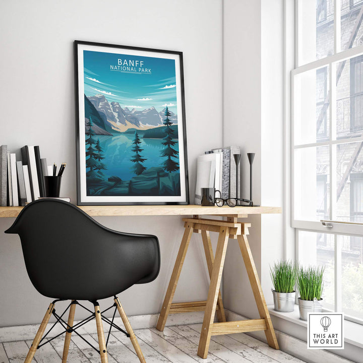 Banff Print Canada National Park artwork displayed in a modern office setting with minimalist decor.