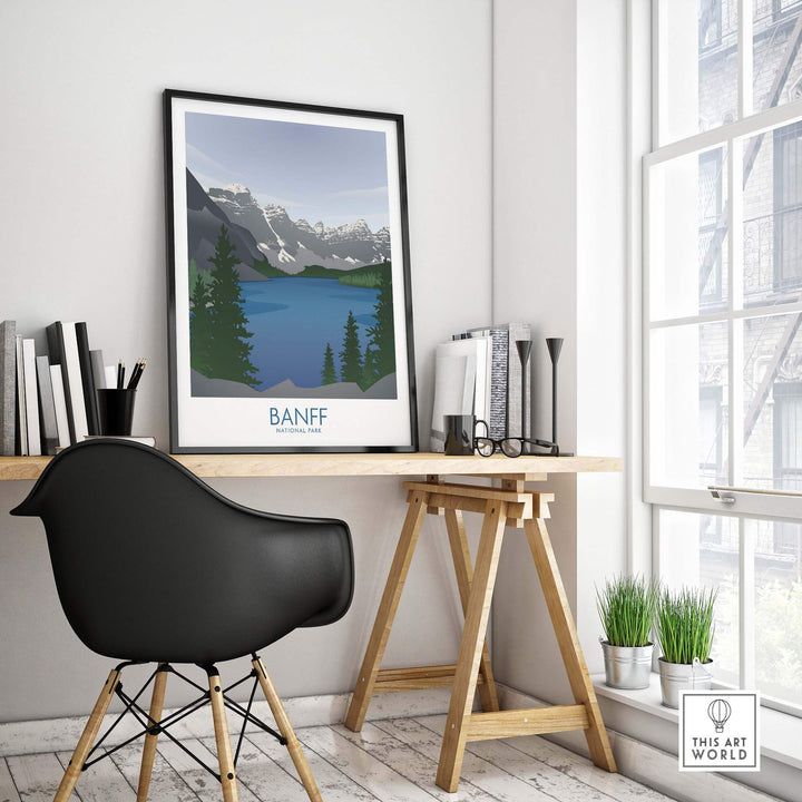 Banff National Park art print displayed in a modern office setting with minimalist decor and natural light.