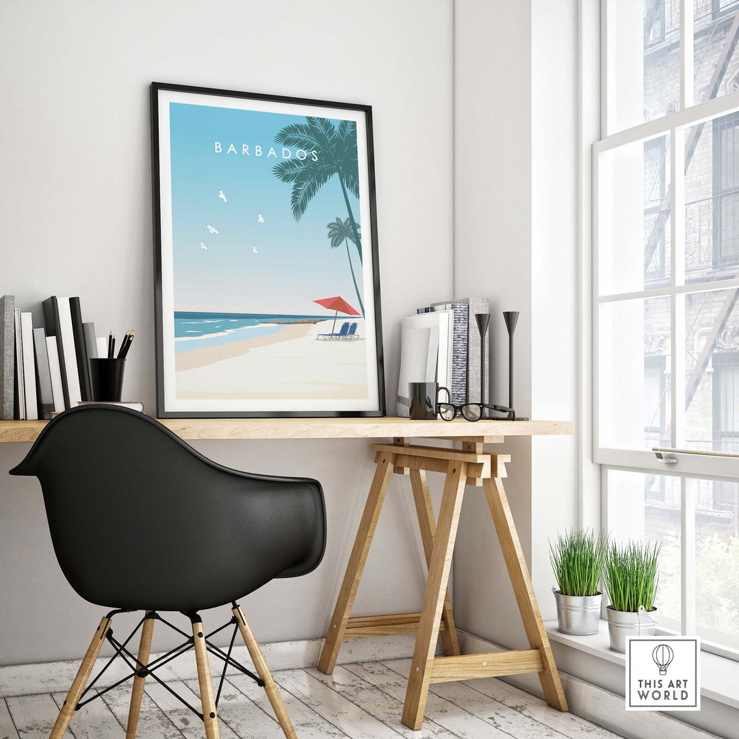Barbados poster featuring a serene beach scene, perfect for adding tropical charm to home or office decor.