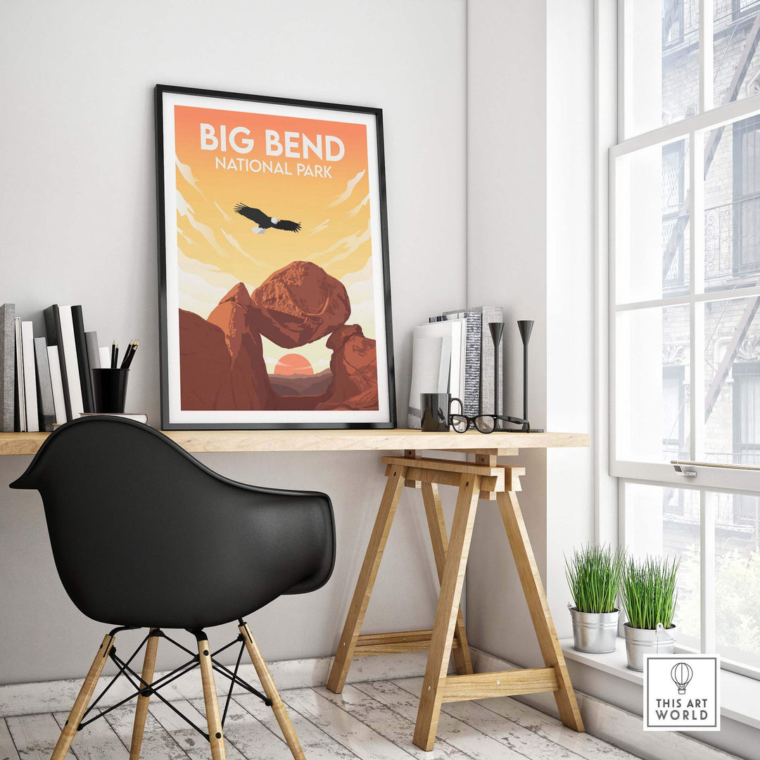 Big Bend National Park poster displayed in a modern workspace, featuring minimalist art and earthy colors.