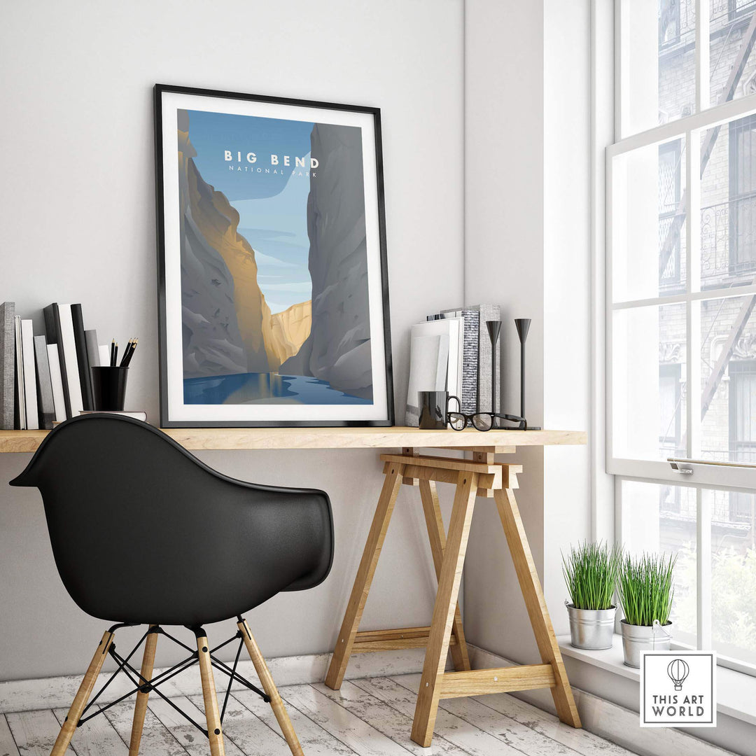 Framed Big Bend National Park art print in stylish home office setting, showcasing minimalist mountain design.