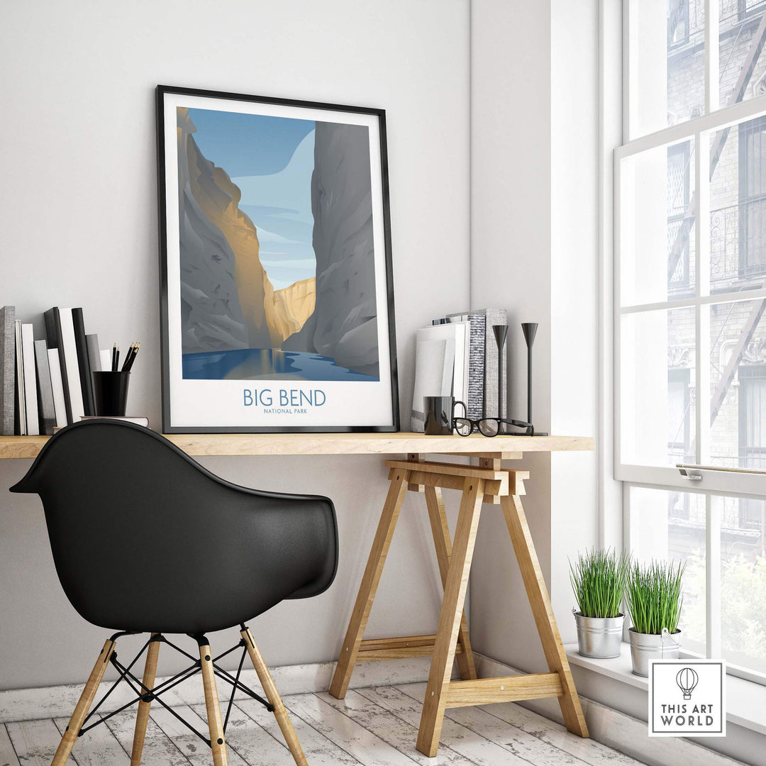 Big Bend National Park art print displayed in a modern office setting, showcasing minimalist design and vibrant colors.