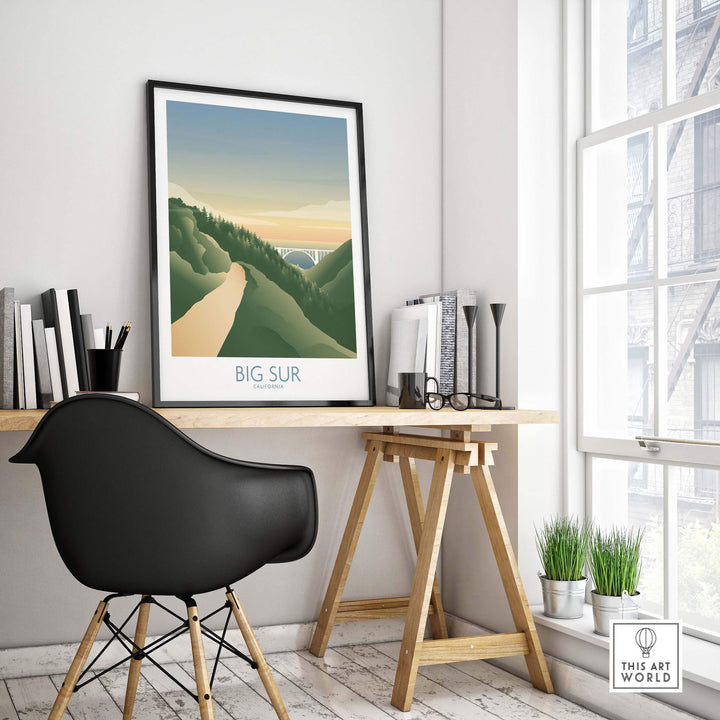 Art print of Big Sur California, minimalistic design showcased in a stylish interior setting.