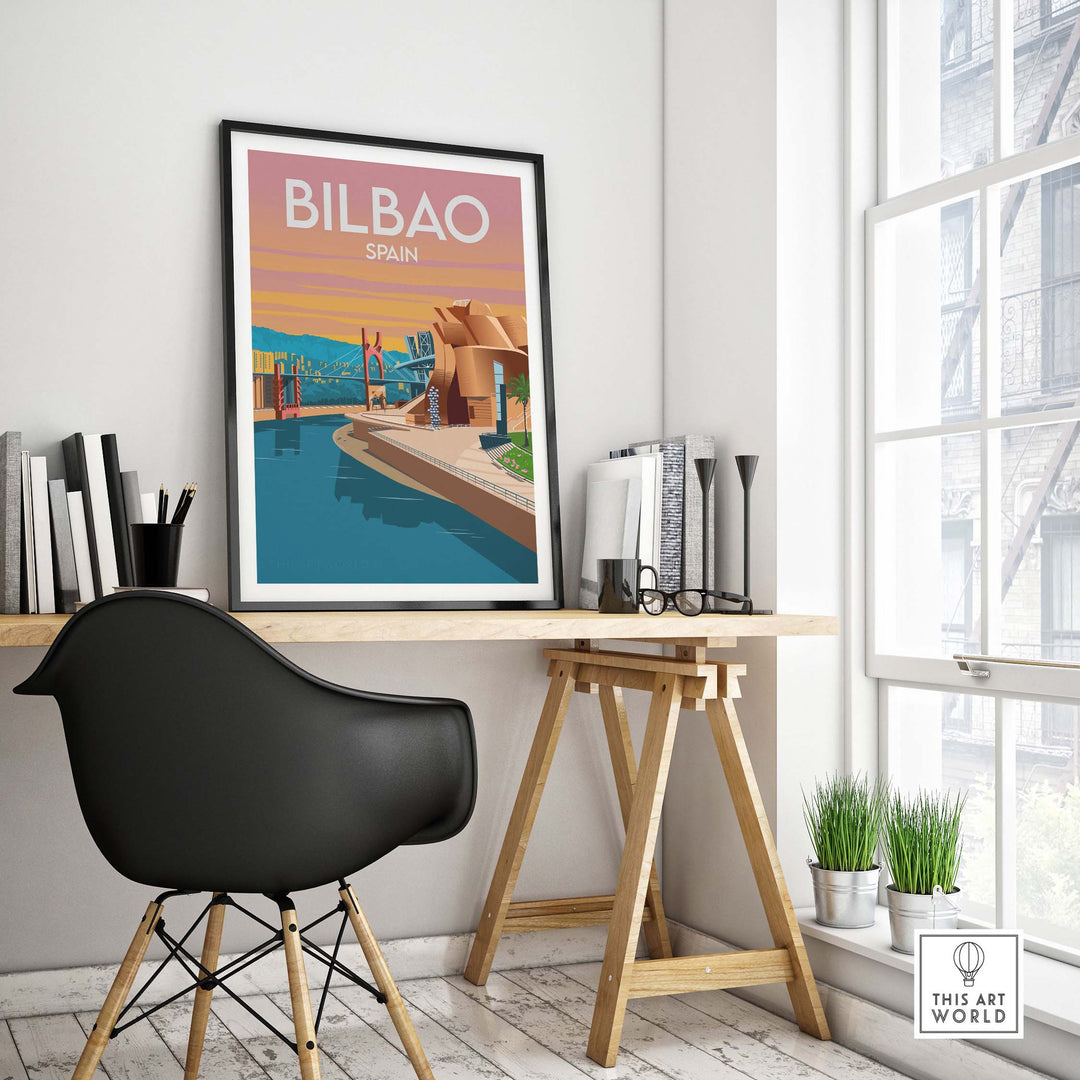 Bilbao Spain art print showcasing minimalist design in a modern workspace environment.