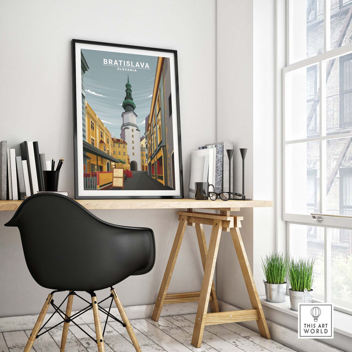 Bratislava Poster Slovakia displayed in a stylish office setting, showcasing minimalist vintage travel art.