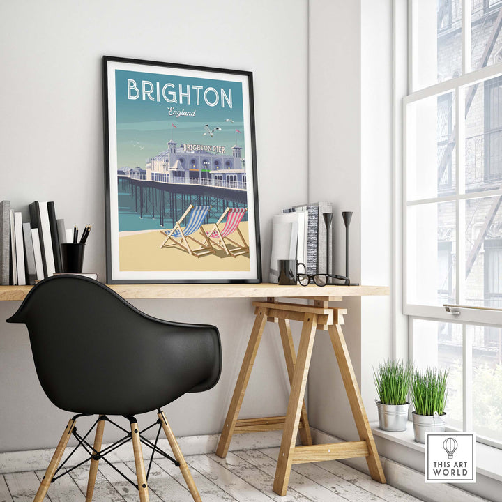 Brighton wall art print featuring iconic pier and colorful deck chairs in a modern office setting.