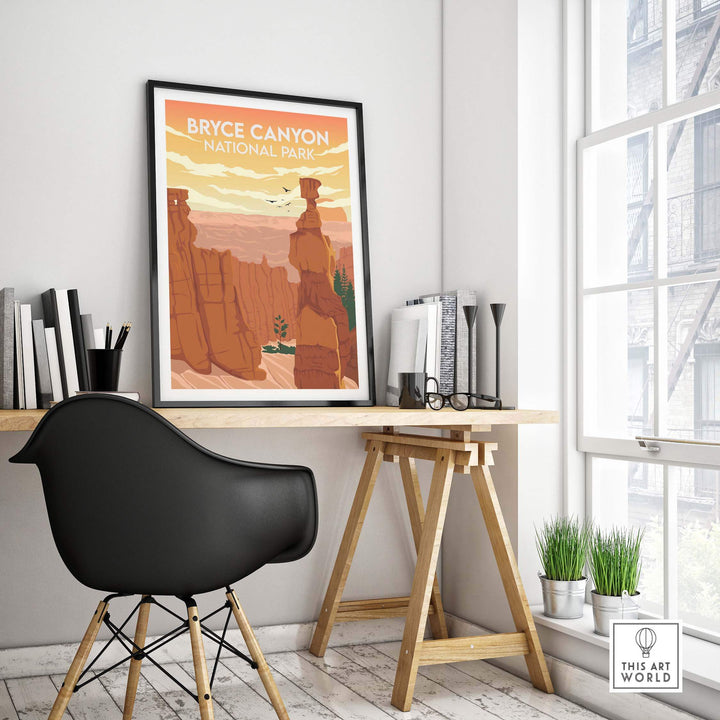 Bryce Canyon National Park poster displayed in a modern workspace with a black chair and natural decor.