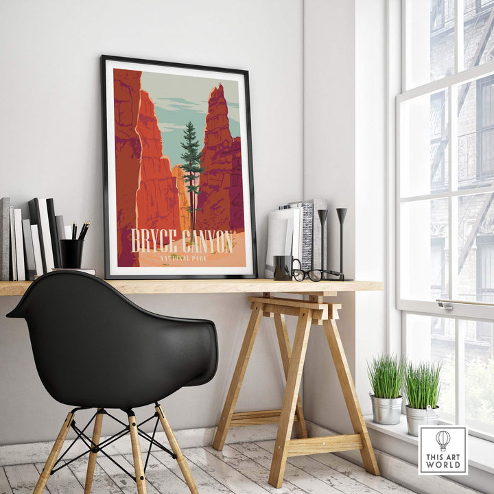 Bryce Canyon National Park Print displayed on a desk in a stylish indoor setting, showcasing vibrant colors and vintage design.