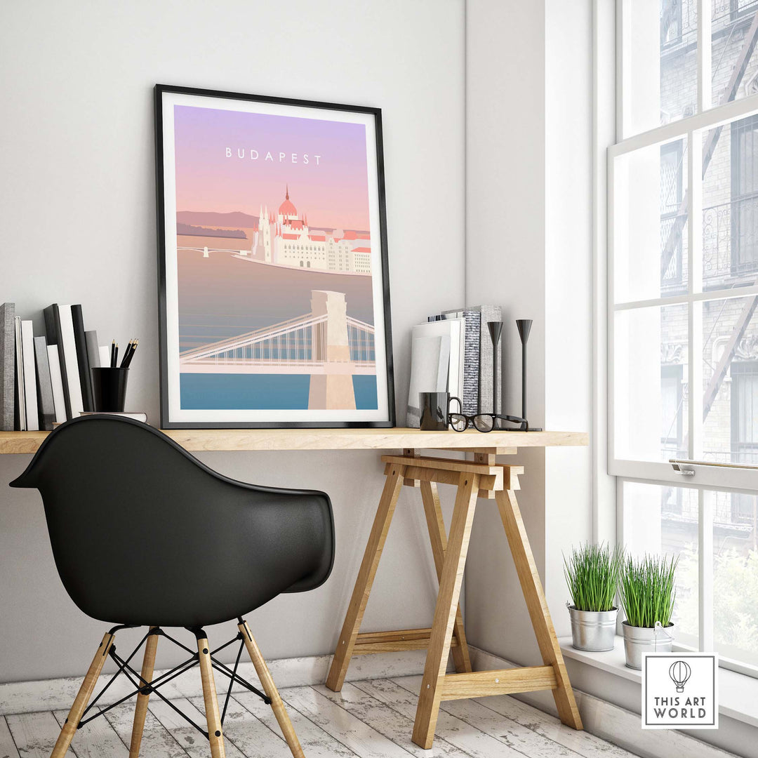 Budapest Print Wall Art Poster displayed in a stylish home office, showcasing the Danube River and iconic architecture.