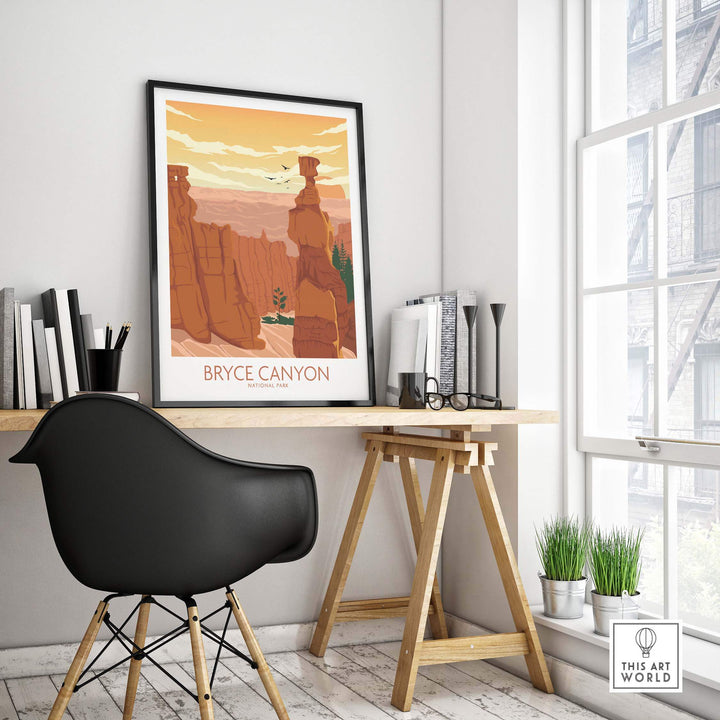 Bryce Canyon National Park minimalist poster displayed in a stylish office setting, showcasing warm sunset colors.